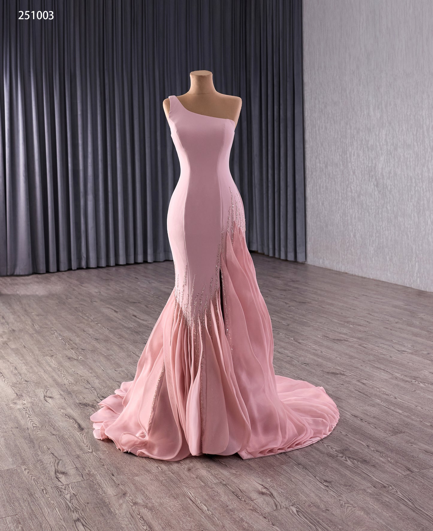 Elegant One-Shoulder Pink Mermaid Gown with Sequins and Flowing Train 251003