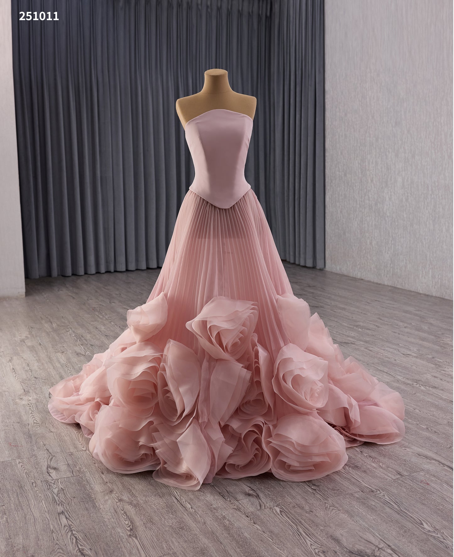 Green Pink White Flower Pleats Party Evening Dress 251011