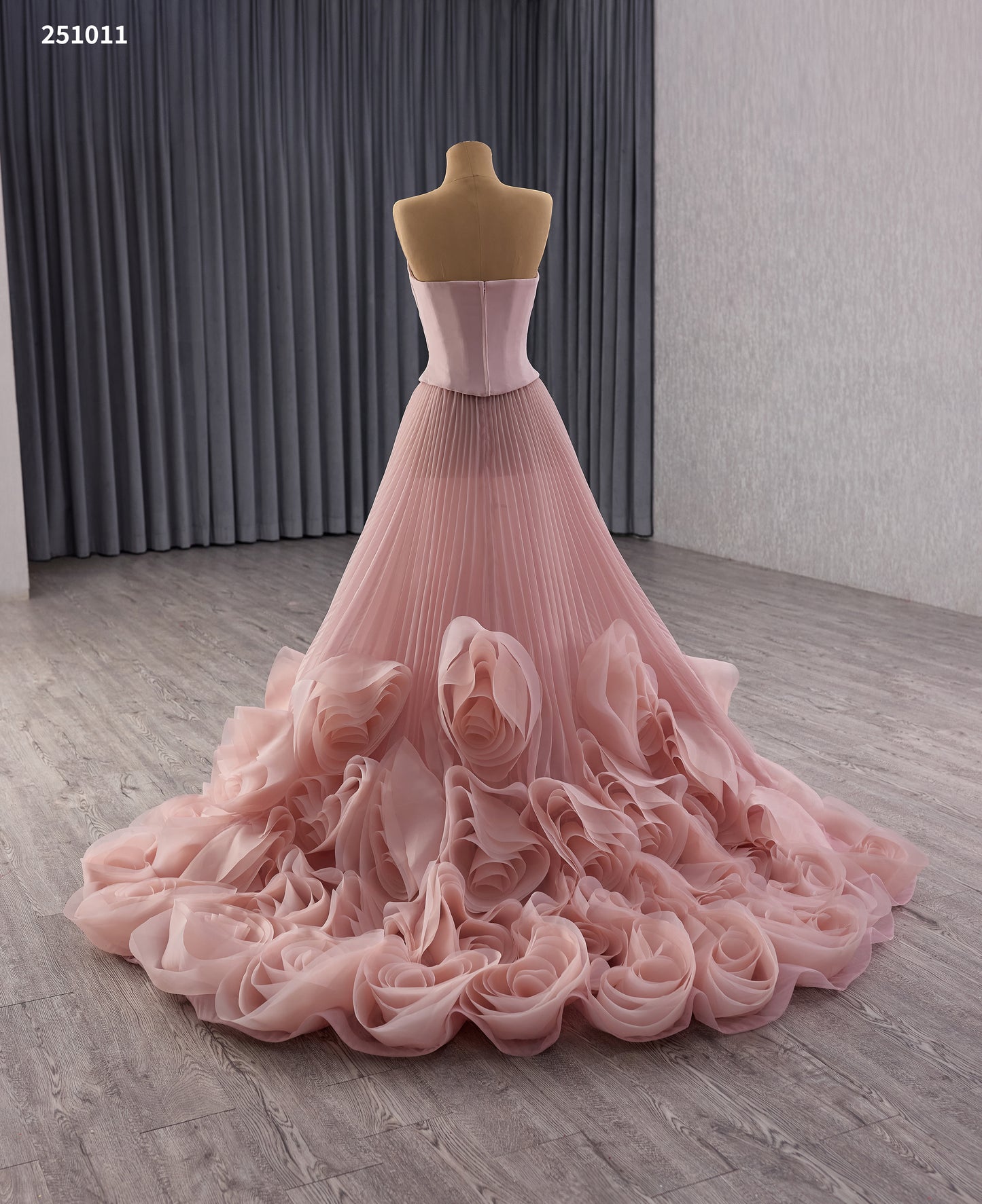 Green Pink White Flower Pleats Party Evening Dress 251011