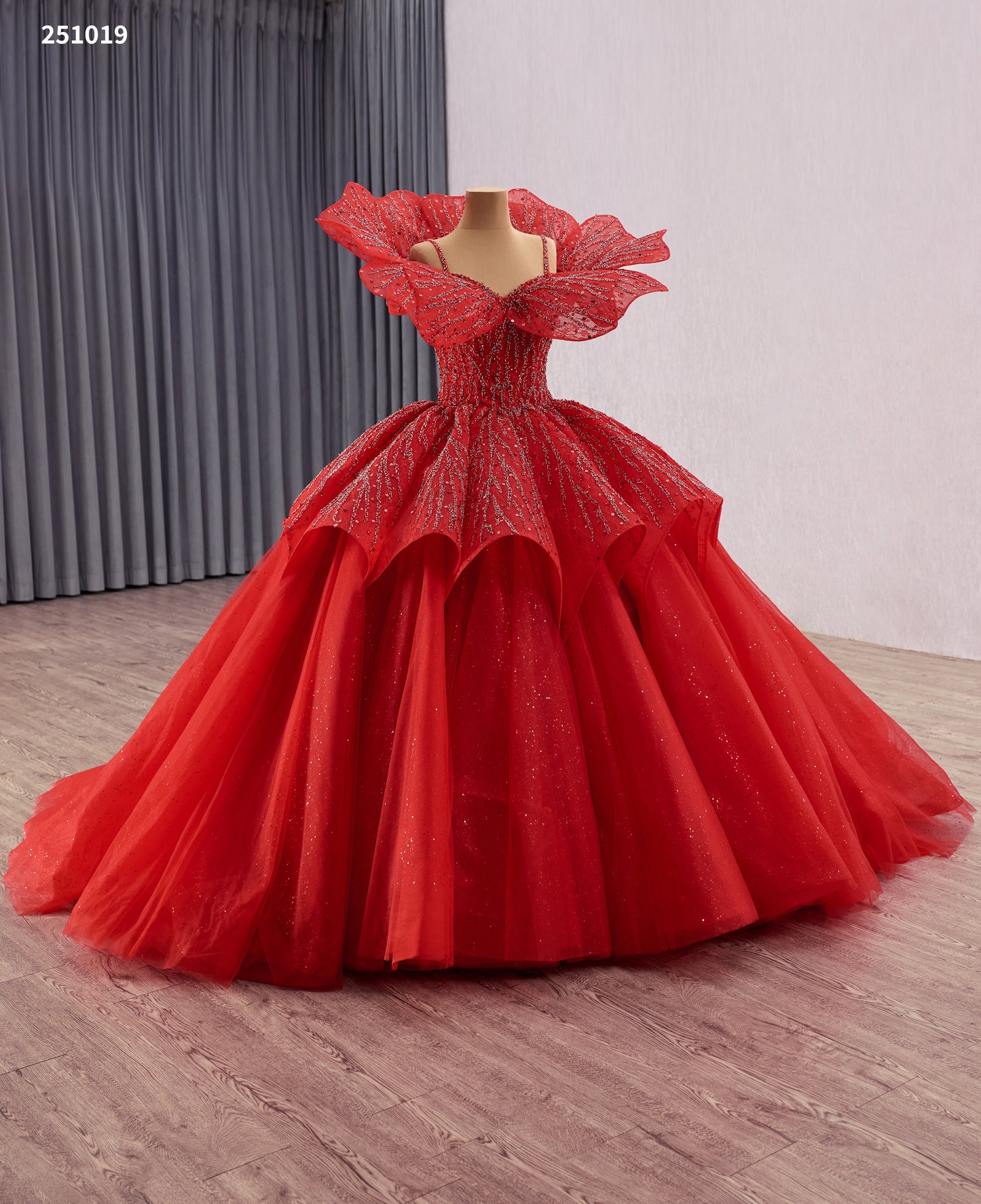 Stunning Red Wedding Dress with Beaded Lace & Detachable Cape 251019