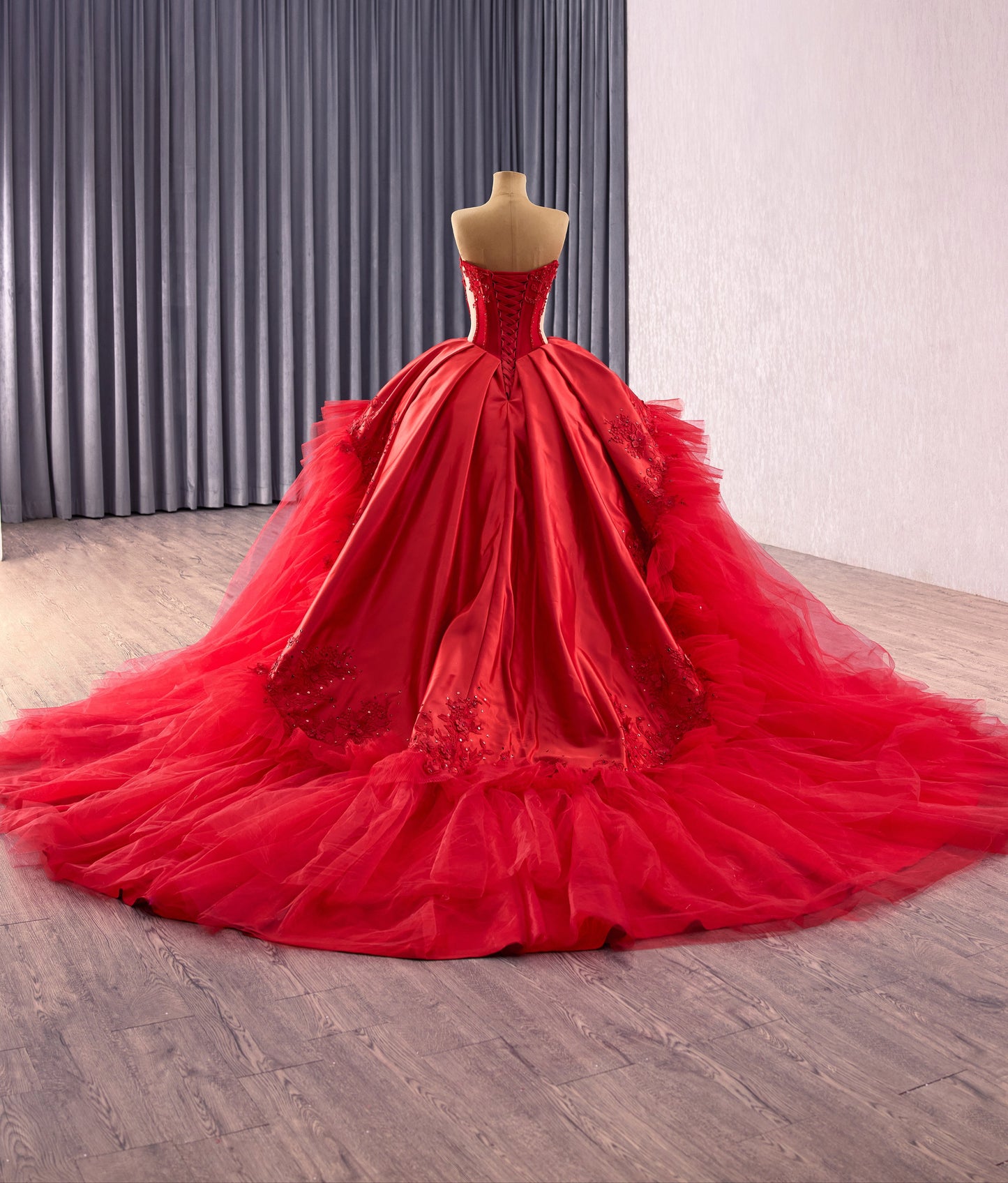Red Sleeveless Corset Beaded Ruffles Quinceanera Ball Gown Dress 251014