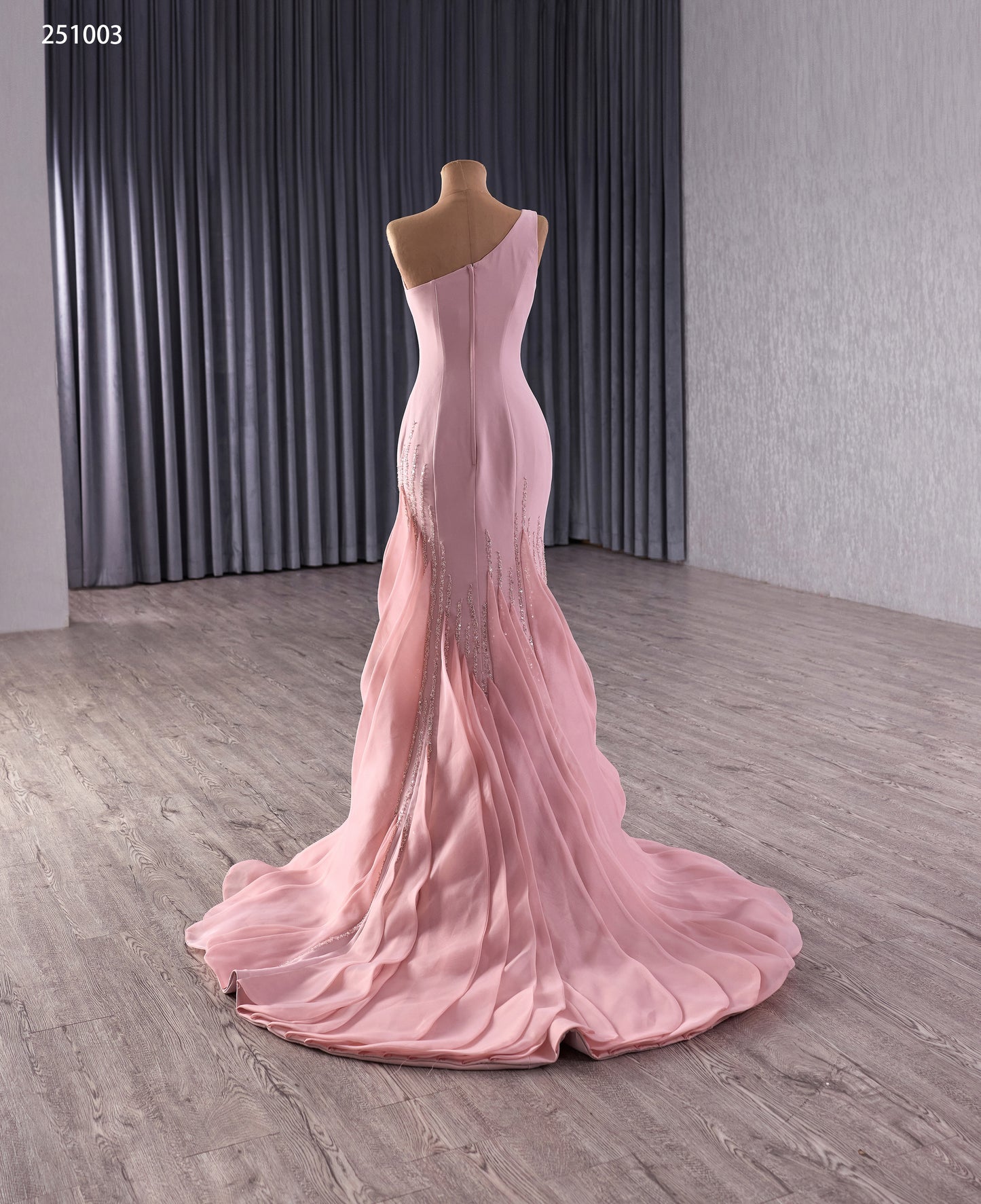 Elegant One-Shoulder Pink Mermaid Gown with Sequins and Flowing Train 251003