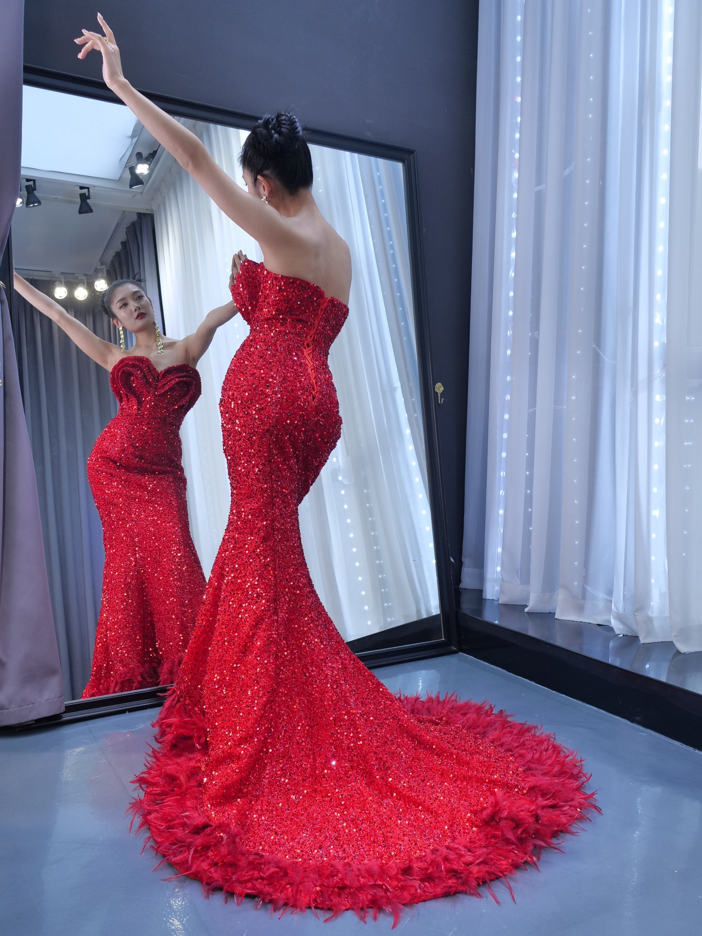 Red Sequin Pageant Dresses Strapless Mermaid Evening Gown 222150