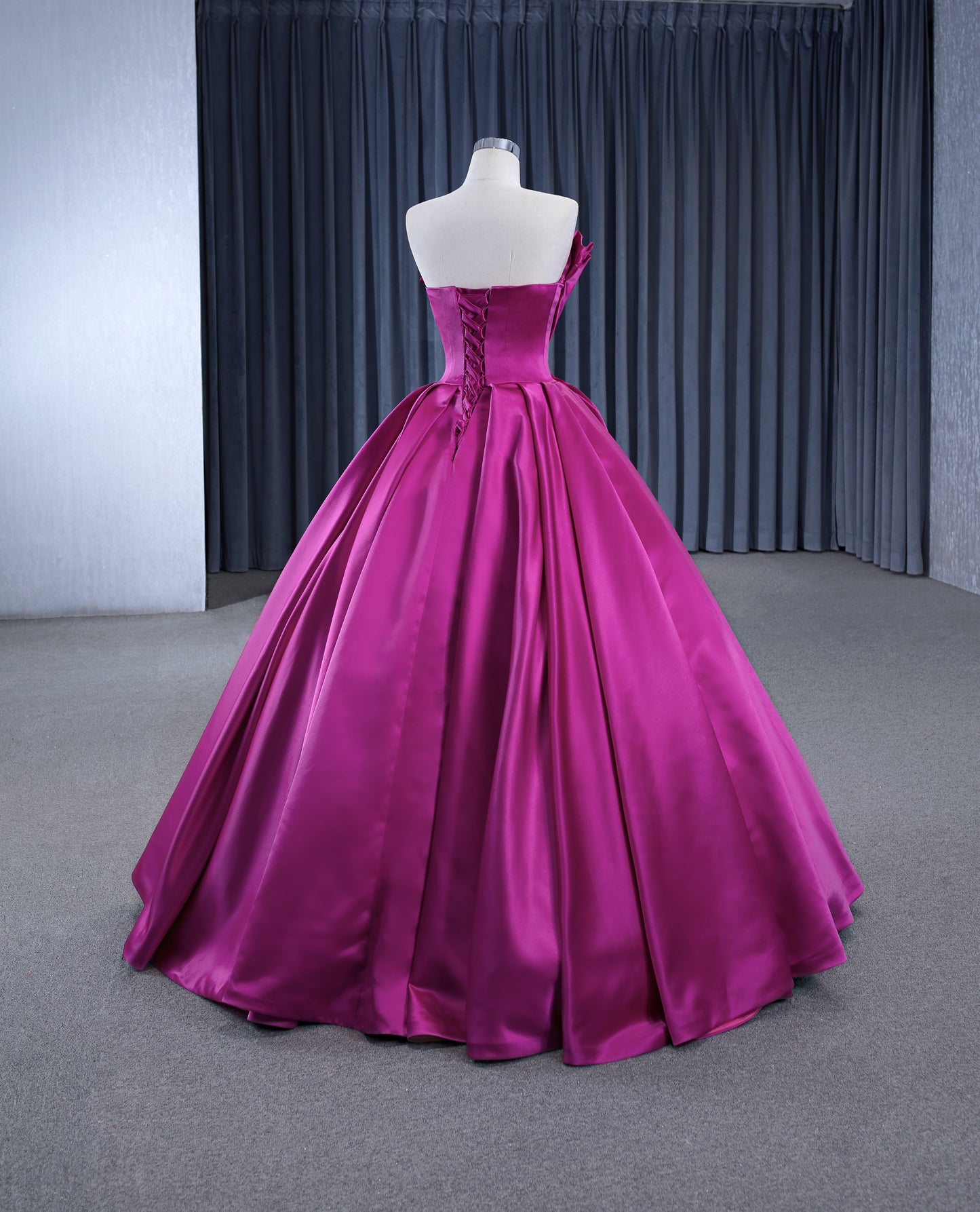 Magenta Plain Pleats Line Wedding Prom Evening Gown