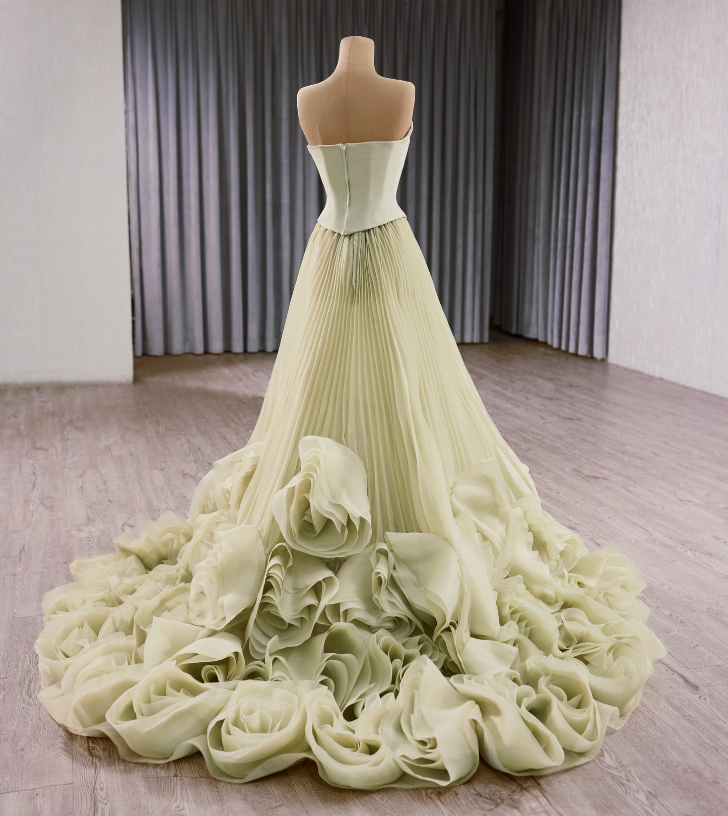 Green Pink White Flower Pleats Party Evening Dress 251011