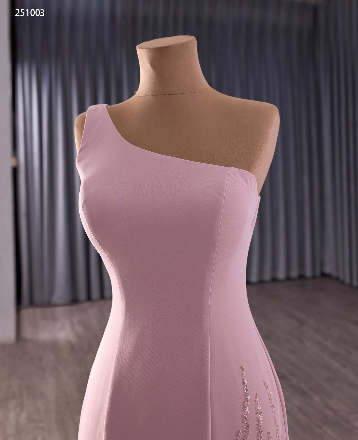 Elegant One-Shoulder Pink Mermaid Gown with Sequins and Flowing Train 251003