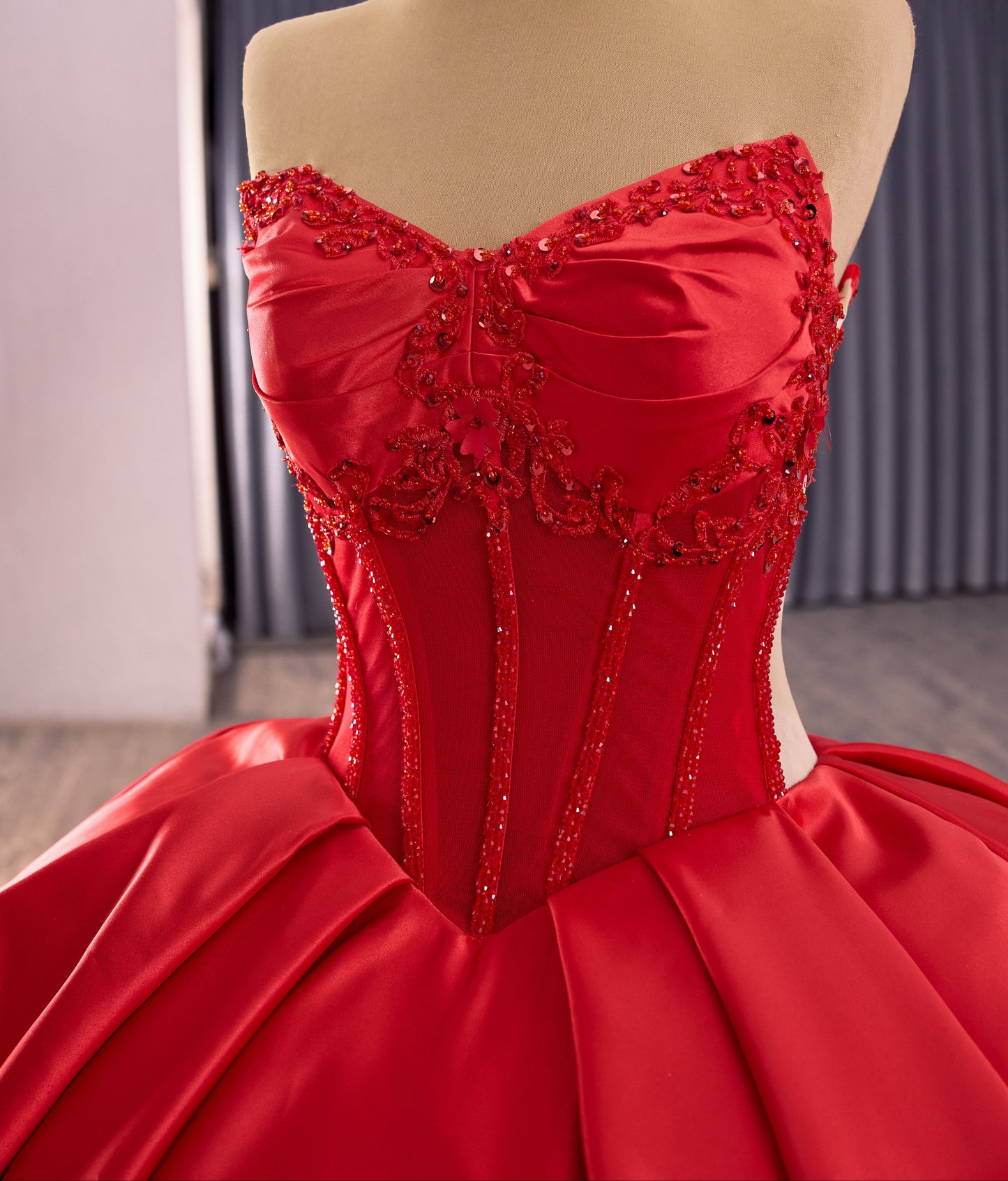 Red Sleeveless Corset Beaded Ruffles Quinceanera Ball Gown Dress 251014
