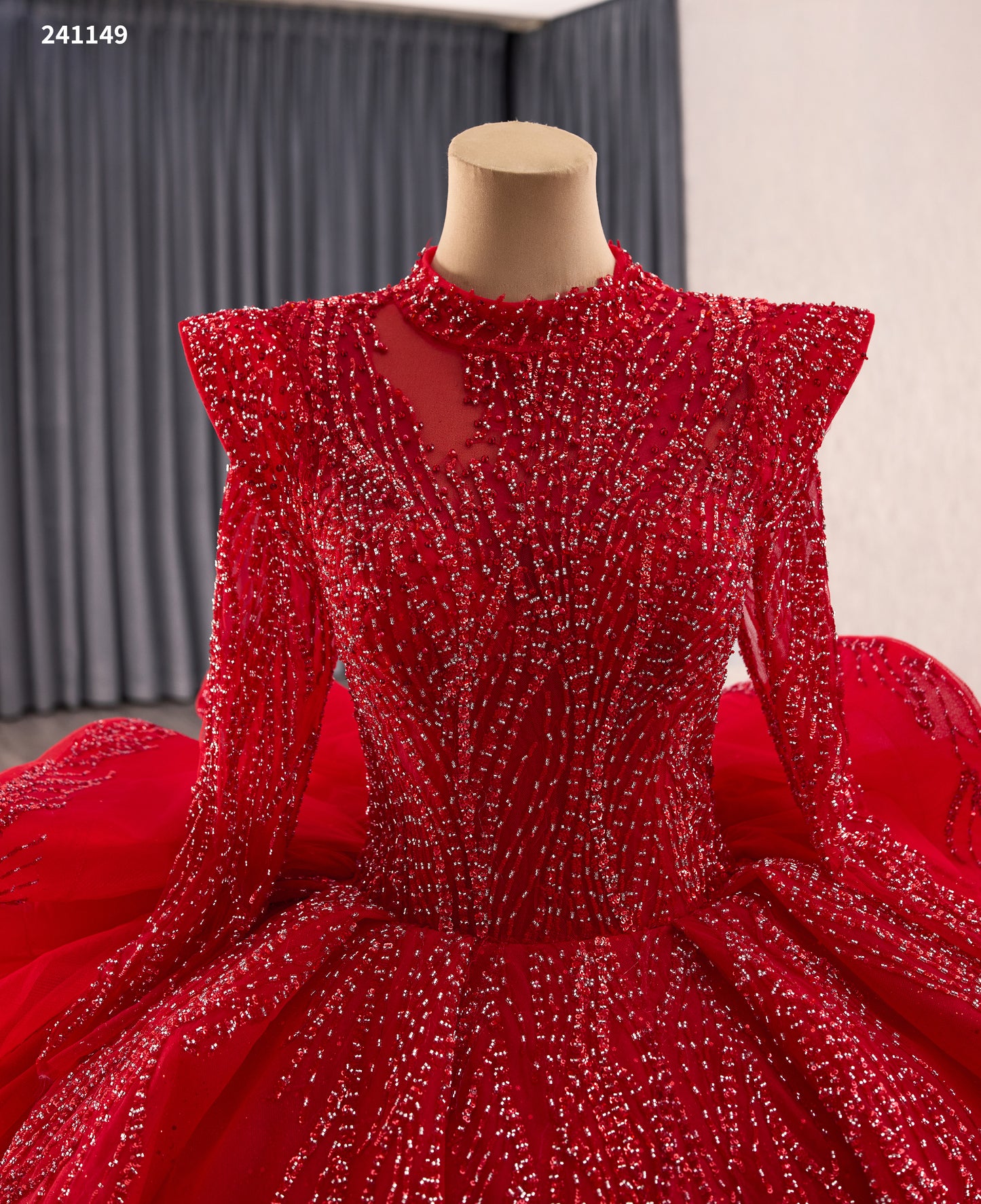 Red High Neckline Long Sleeves Back Ruffles Wedding Dress 241149