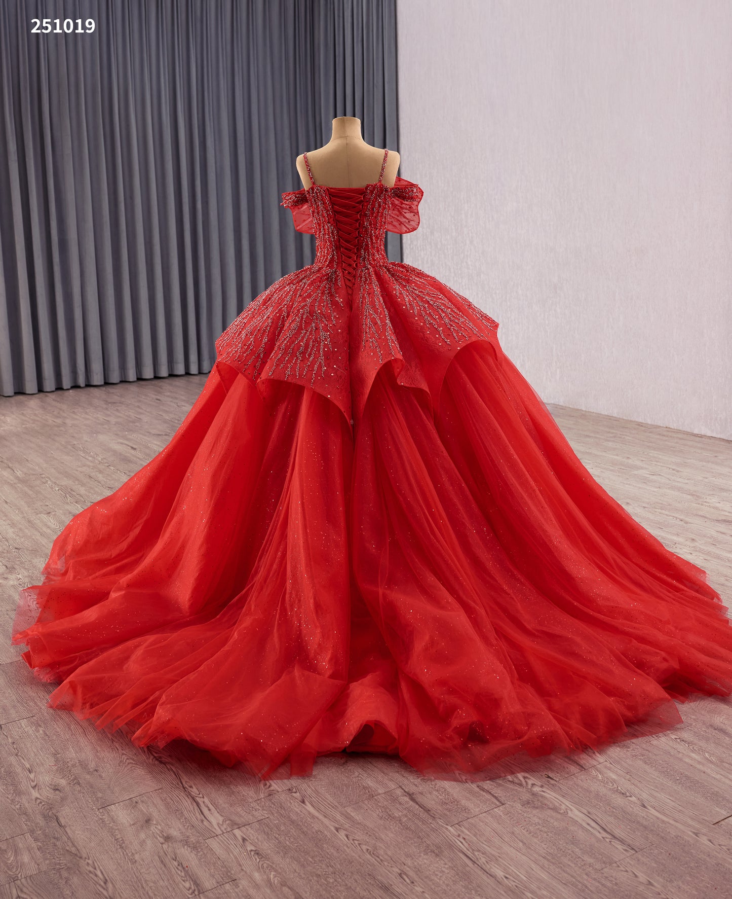 Stunning Red Wedding Dress with Beaded Lace & Detachable Cape 251019