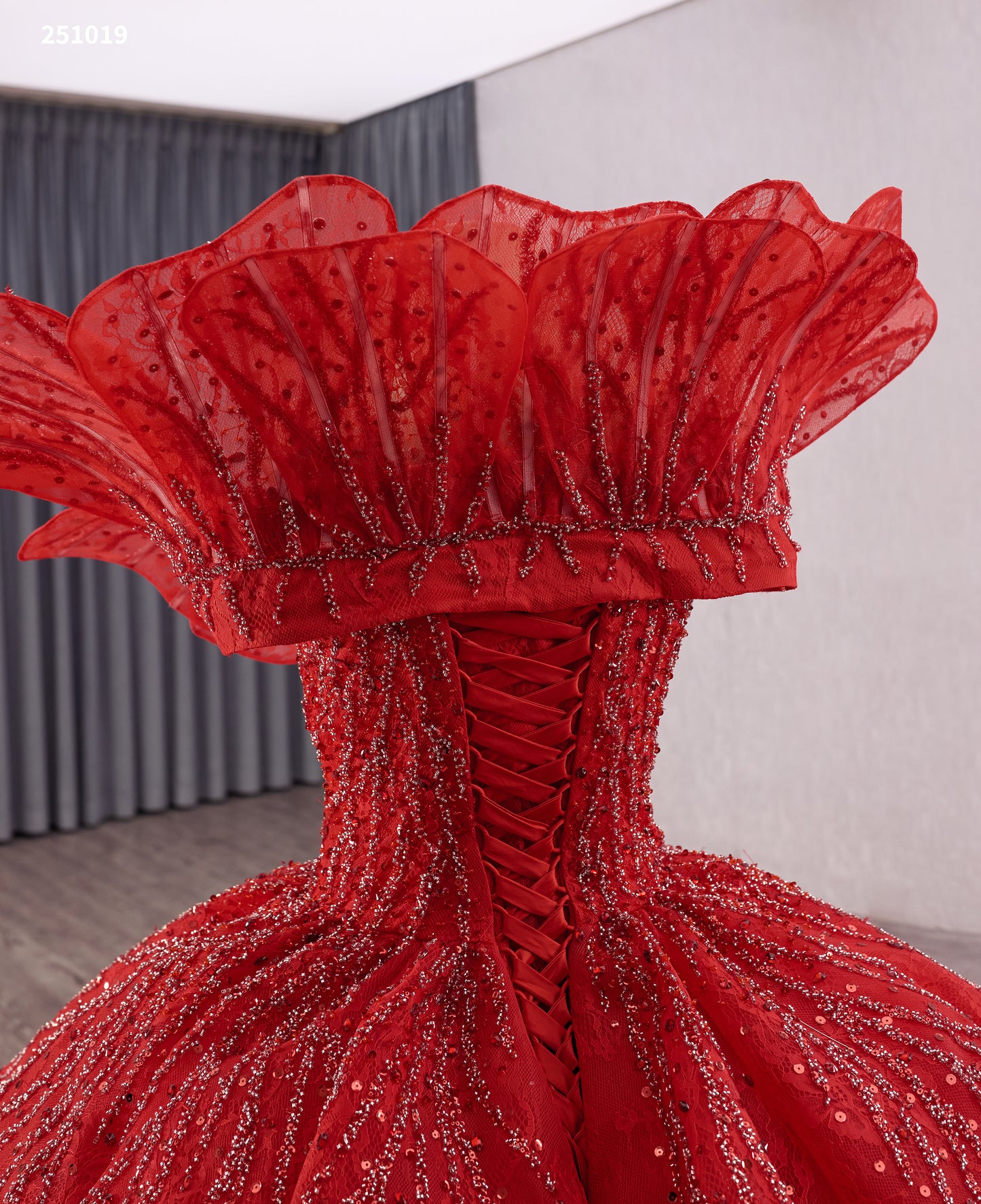 Stunning Red Wedding Dress with Beaded Lace & Detachable Cape 251019