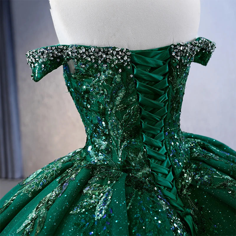 Dark Green Off the Shoulder Appliques Quinceanera Ball Gown 231113