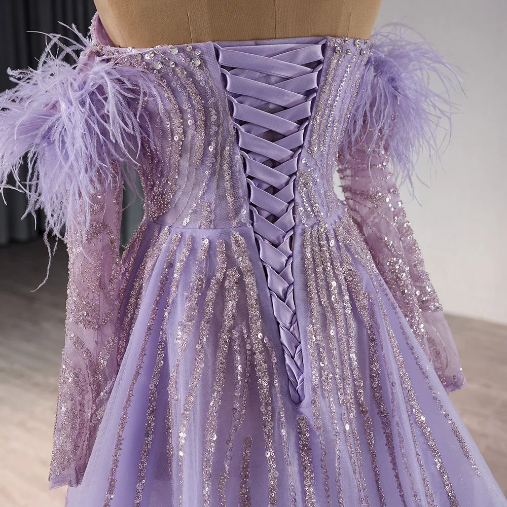 Sexy Lilac Slit Off Shoulder Feather Mermaid Evening Gowns Dresses