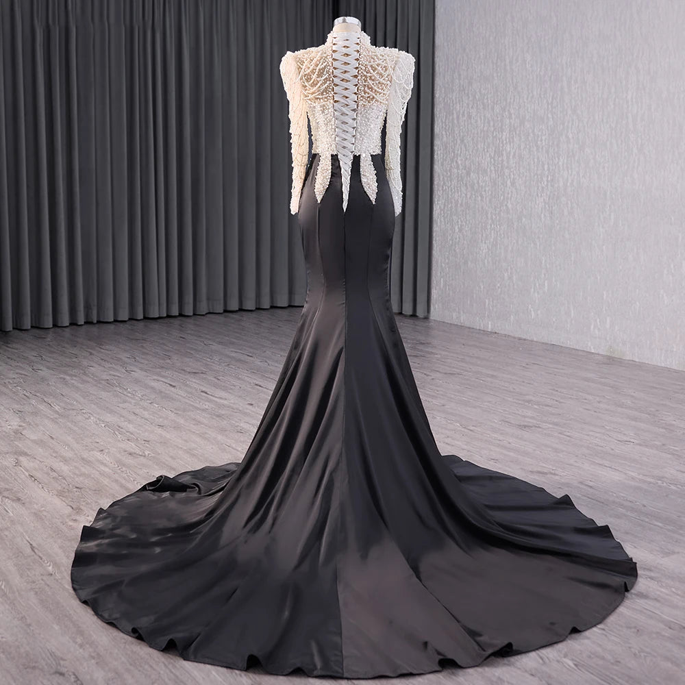 Long Sleeve Contrast Color Pearls Mermaid Evening Party Dresses 241007