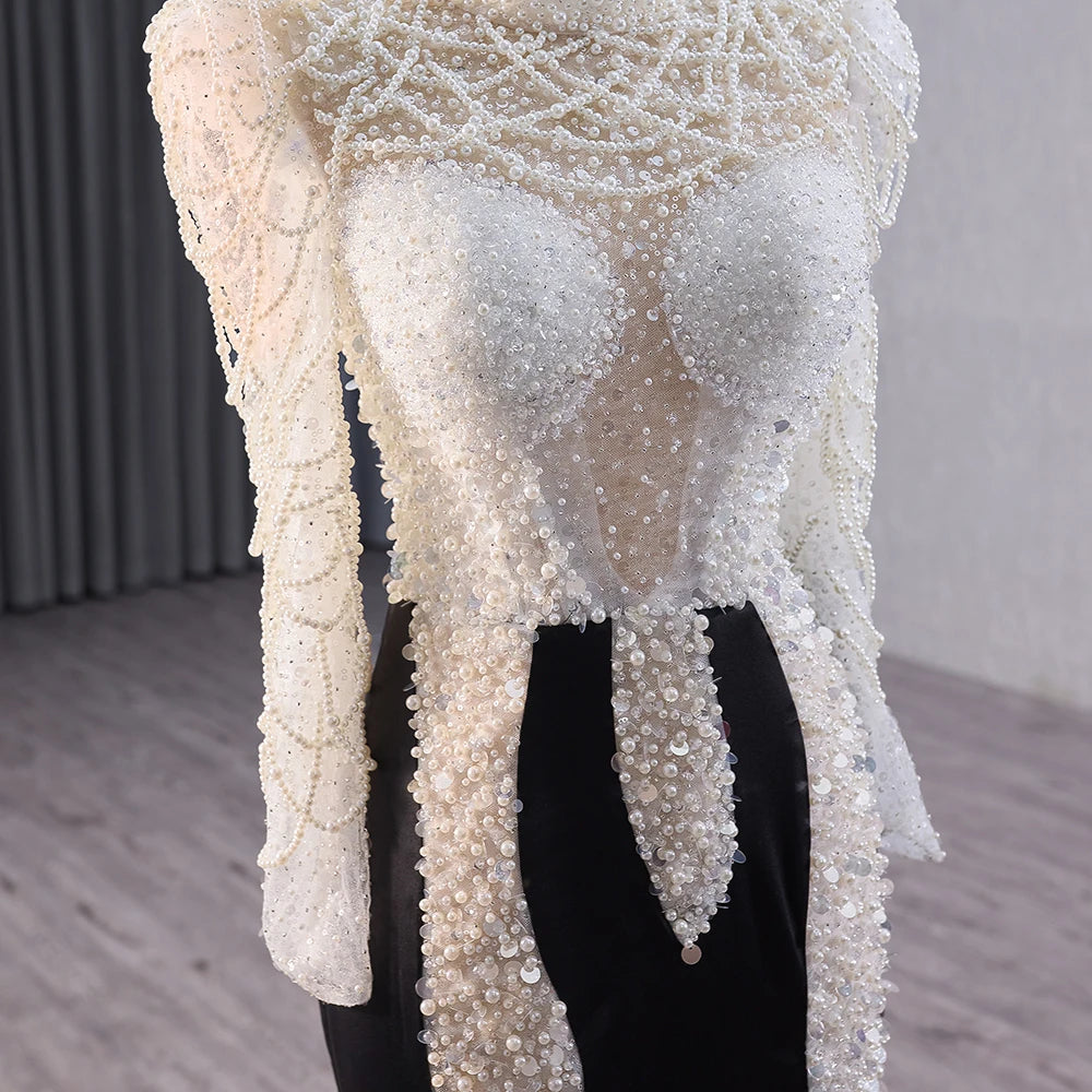 Long Sleeve Contrast Color Pearls Mermaid Evening Party Dresses 241007