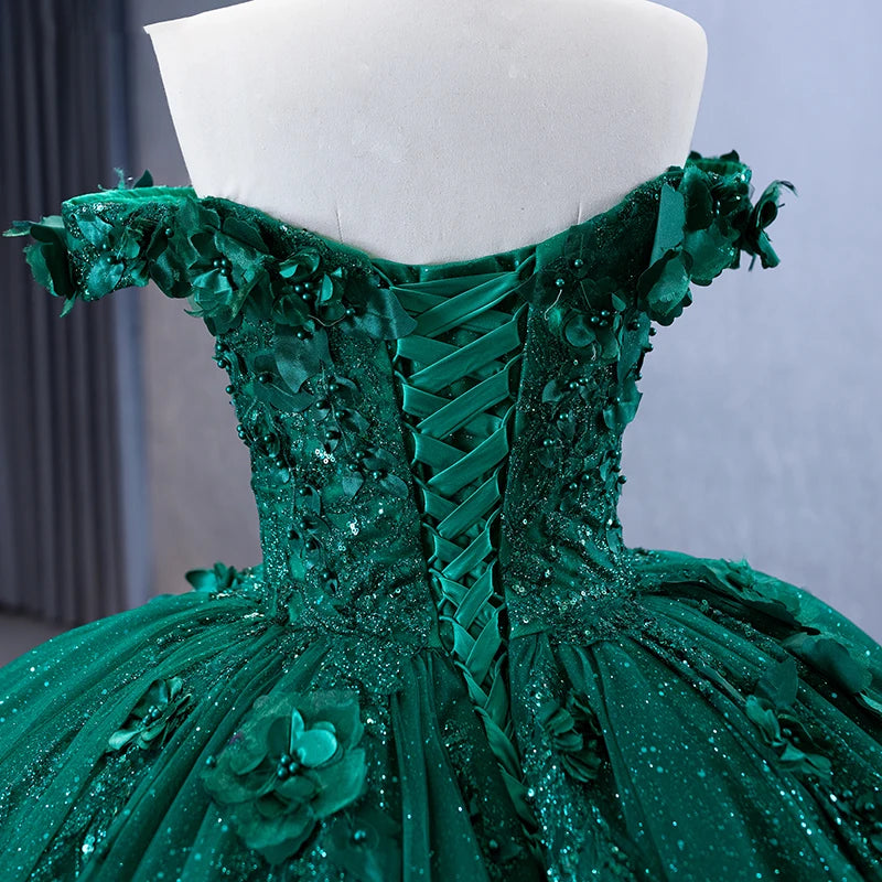 Emerald Green Pearls 3D floral appliqués Party Gown Sweet 15 Quinceañera 231051
