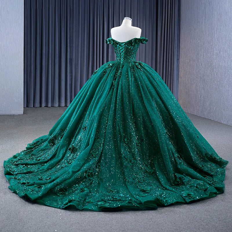 Emerald Green Pearls 3D floral appliqués Party Gown Sweet 15 Quinceañera 231051