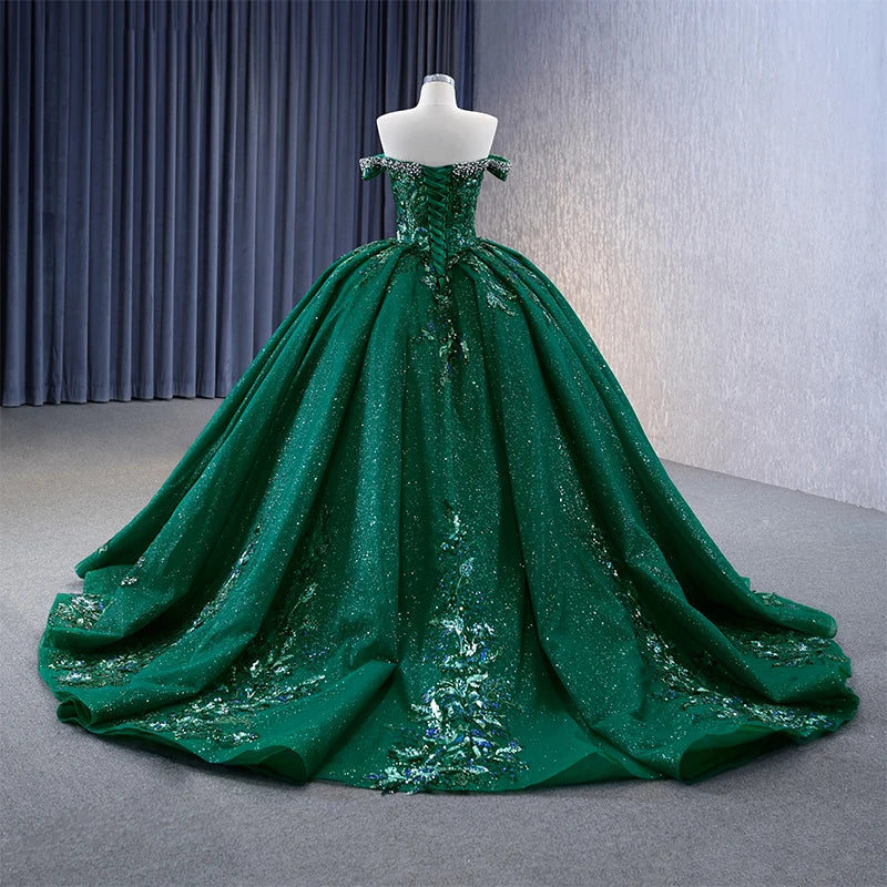 Dark Green Off the Shoulder Appliques Quinceanera Ball Gown 231113