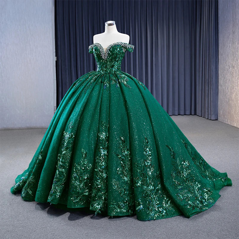 Dark Green Off the Shoulder Appliques Quinceanera Ball Gown 231113