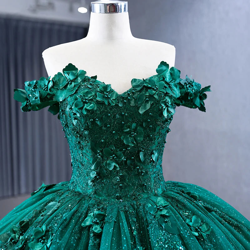 Emerald Green Pearls 3D floral appliqués Party Gown Sweet 15 Quinceañera 231051