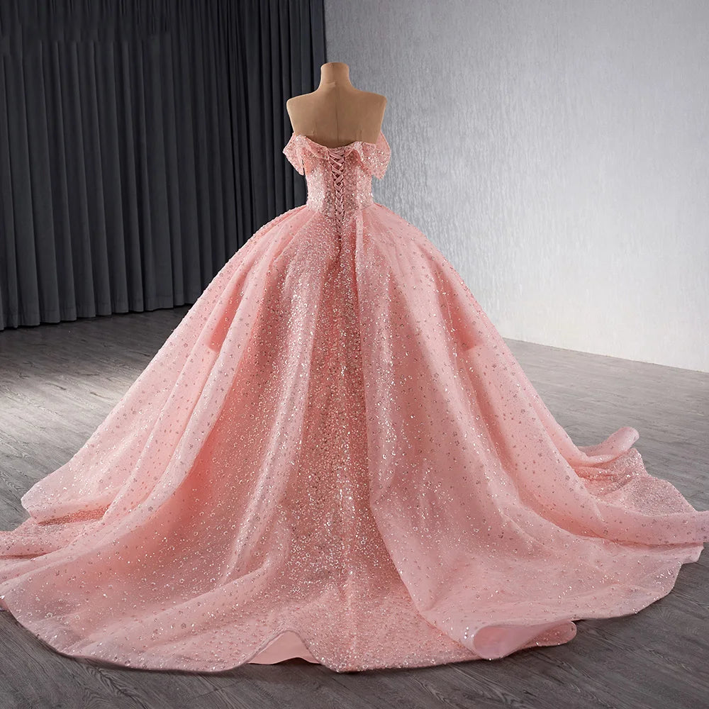 Princess Pink Sequins Off Shoulder Evening Prom Dresses 241077