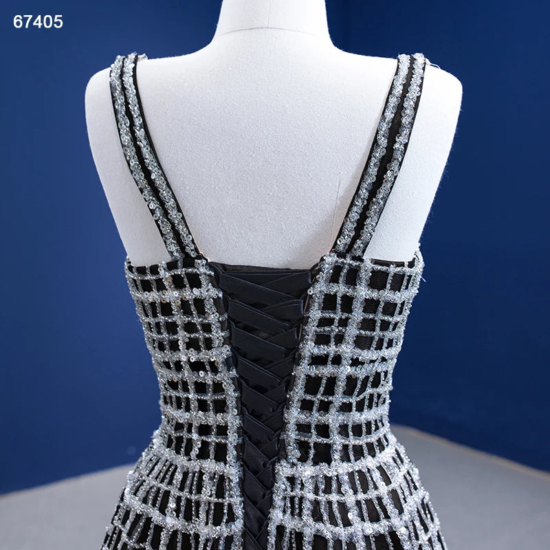 Silver Beaded Black Prom Dresses V-neck 67405