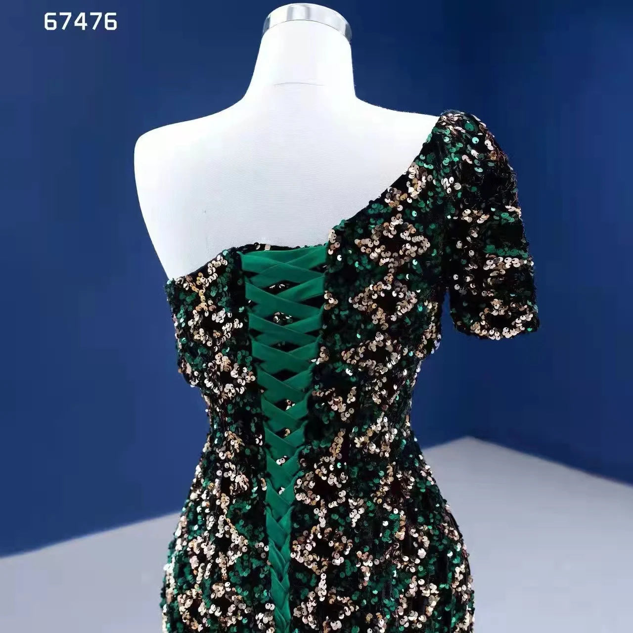 Green Sequin Mermaid Prom Dress One Shoulder Sleeve Evening Dress 67476