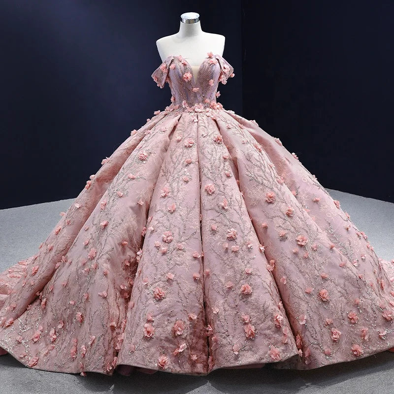 Btydress Flower Pink Off Shoulder Ball Gown Sweetheart Evening Women Dress 222160