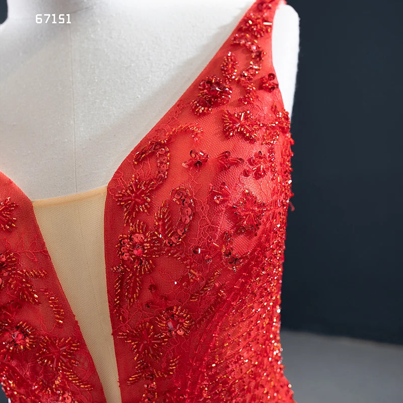 Beaded Red Mermaid Prom Dresses Plunging V-neck Formal Dress 67151
