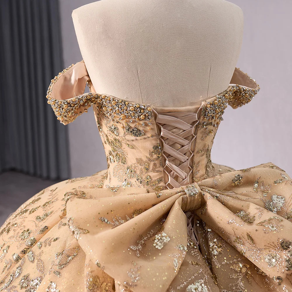 Off Shoulder Golden Bow Puffy Ball Gown Evening Dresses 241043