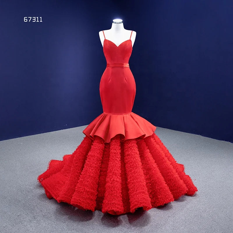 Spaghetti Strap Red Mermaid Wedding Dresses Trumpet Pageant Dress 67311