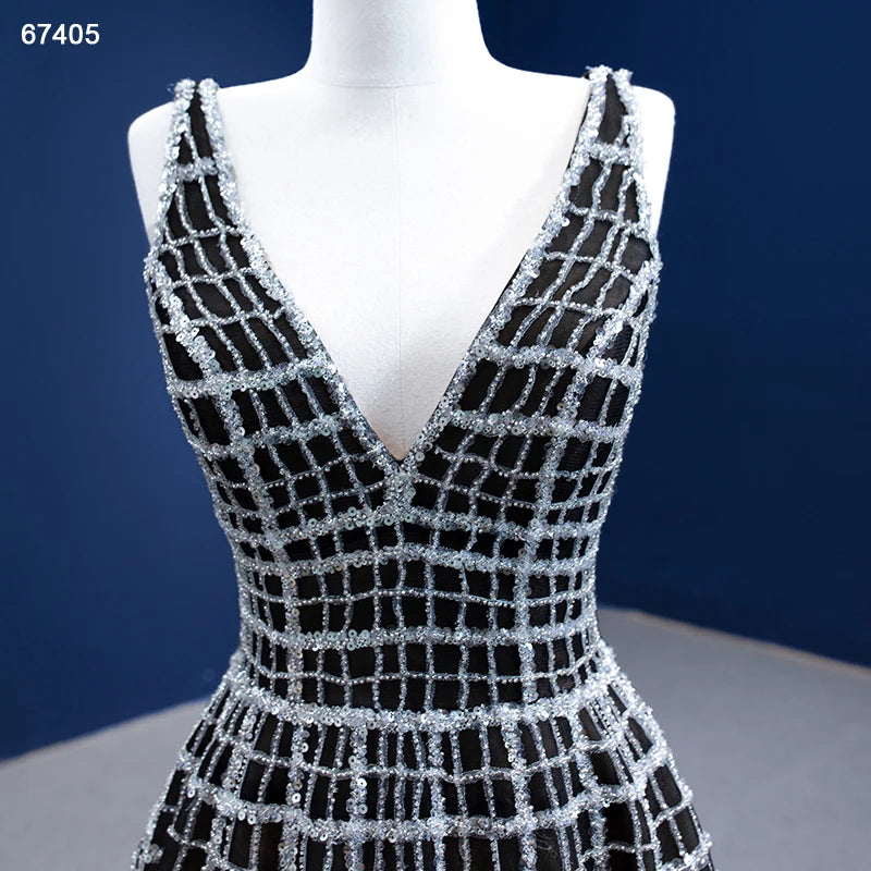 Silver Beaded Black Prom Dresses V-neck 67405