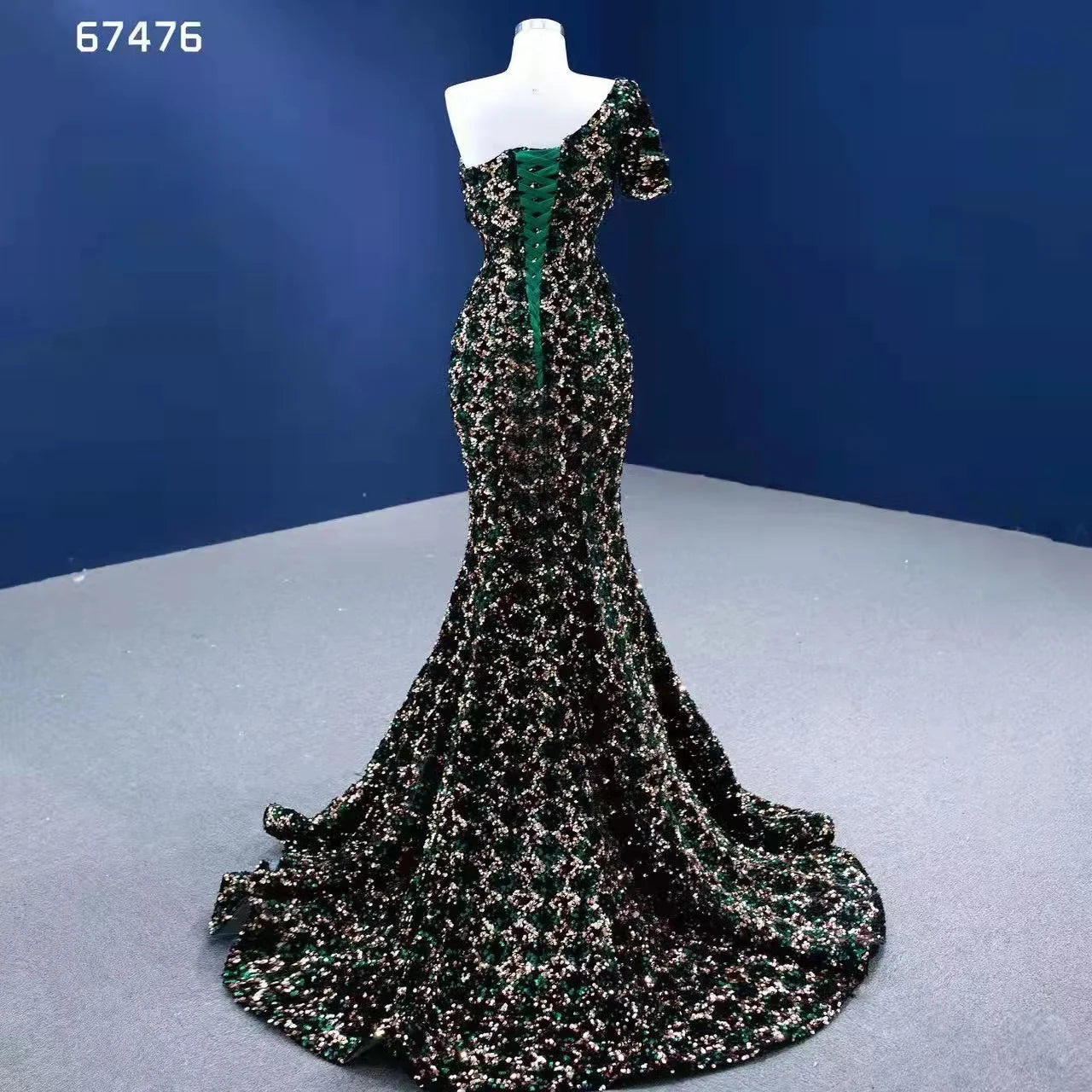 Green Sequin Mermaid Prom Dress One Shoulder Sleeve Evening Dress 67476