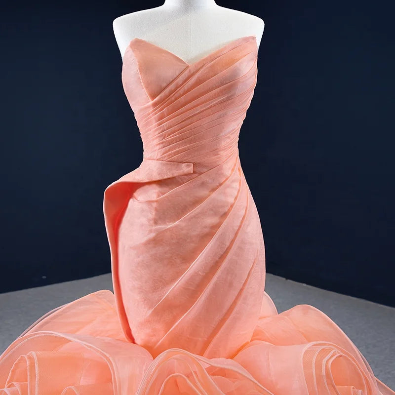 Peach Rosette Trumpet Wedding Dresses Strapless Pageant Gown 67212