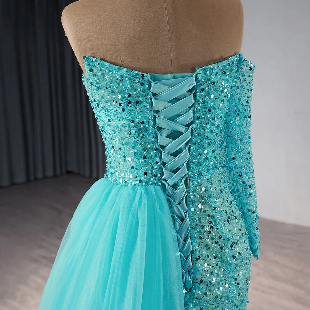 Off the Shoulder One Sleeve Beaded Sequince Mermaid Dress 241073
