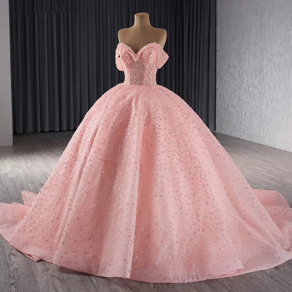 Princess Pink Sequins Off Shoulder Evening Prom Dresses 241077