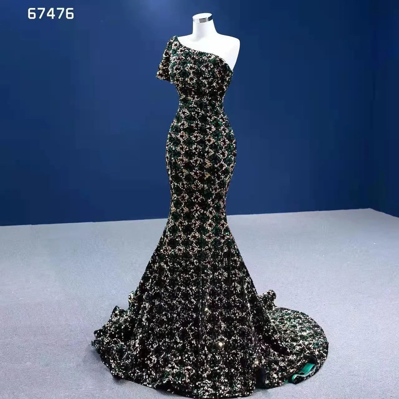 Green Sequin Mermaid Prom Dress One Shoulder Sleeve Evening Dress 67476