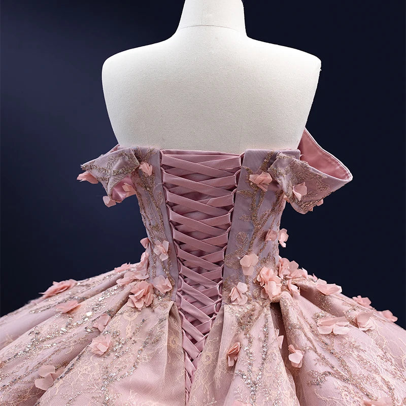 Btydress Flower Pink Off Shoulder Ball Gown Sweetheart Evening Women Dress 222160