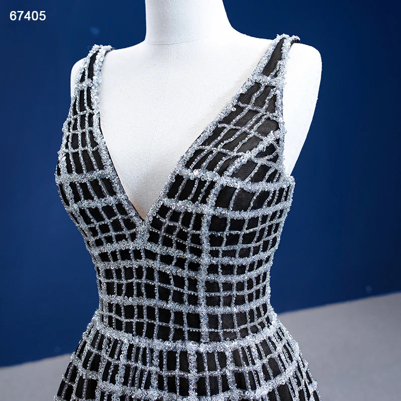 Silver Beaded Black Prom Dresses V-neck 67405