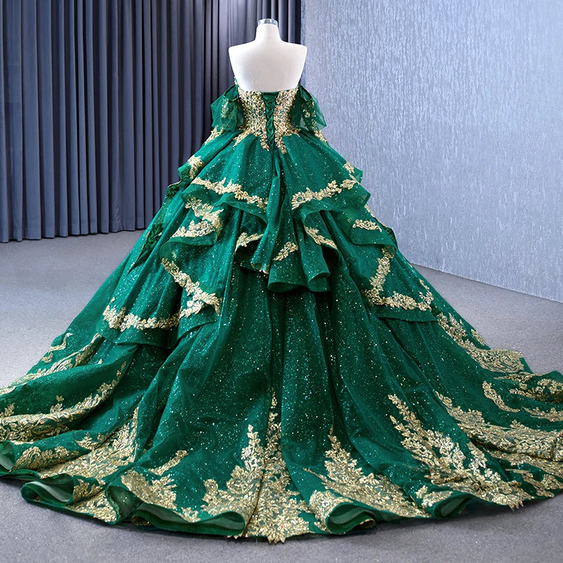 Btydress Green Off Shoulder Sequin Pearls Luxury Ball Gown Evening Dress 231041