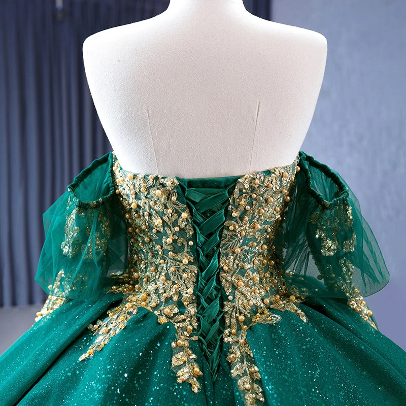 Btydress Green Off Shoulder Sequin Pearls Luxury Ball Gown Evening Dress 231041