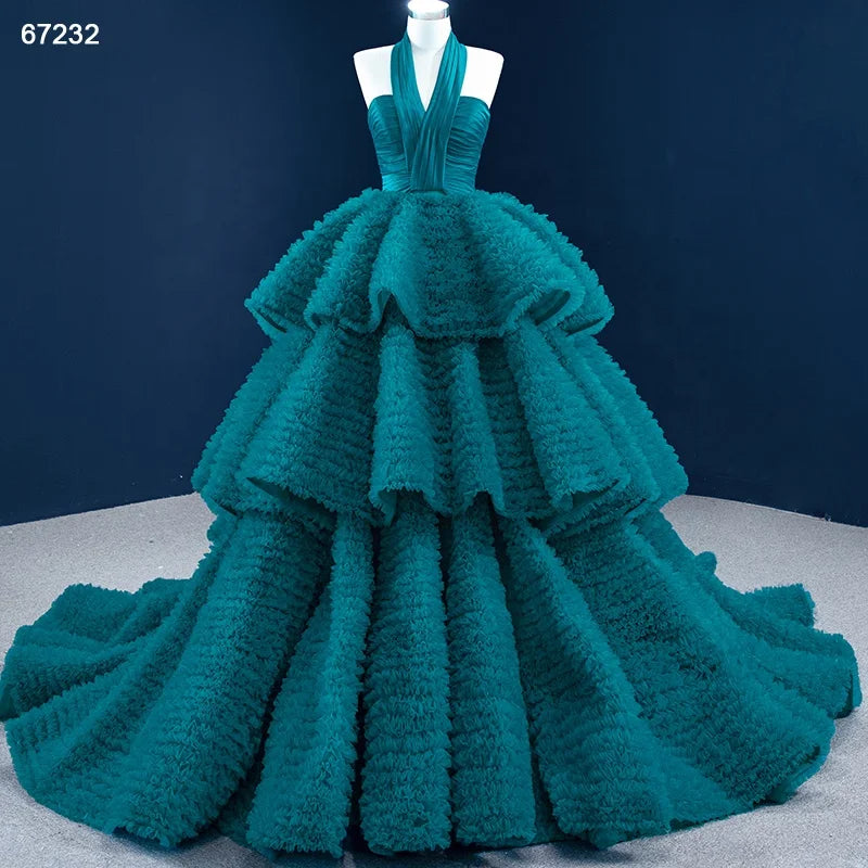 Handmade Pleats Halter Neck Layered Party Gown 67232