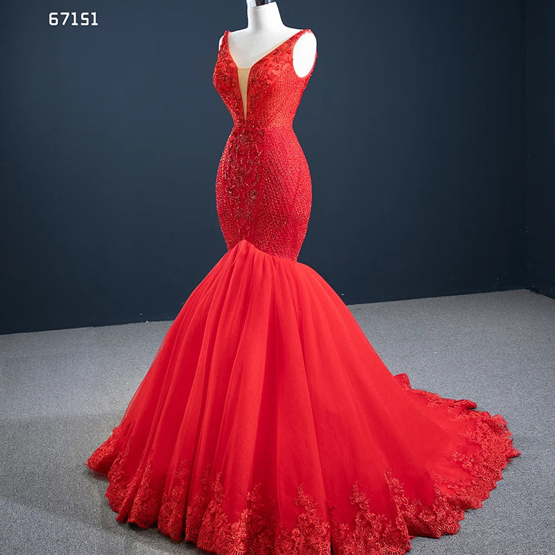 Beaded Red Mermaid Prom Dresses Plunging V-neck Formal Dress 67151