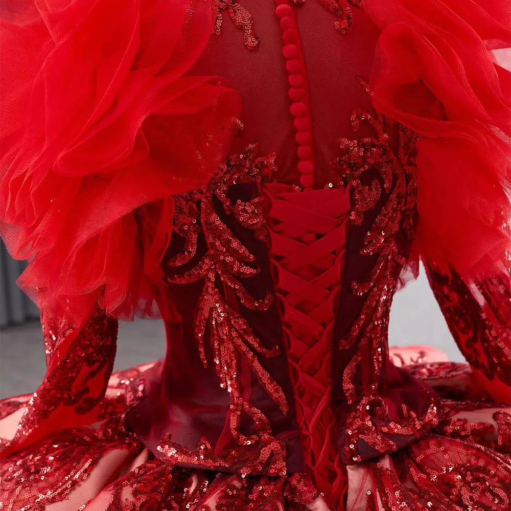 Luxury Red Muslim Sequins Ball Gown Evening Dresses