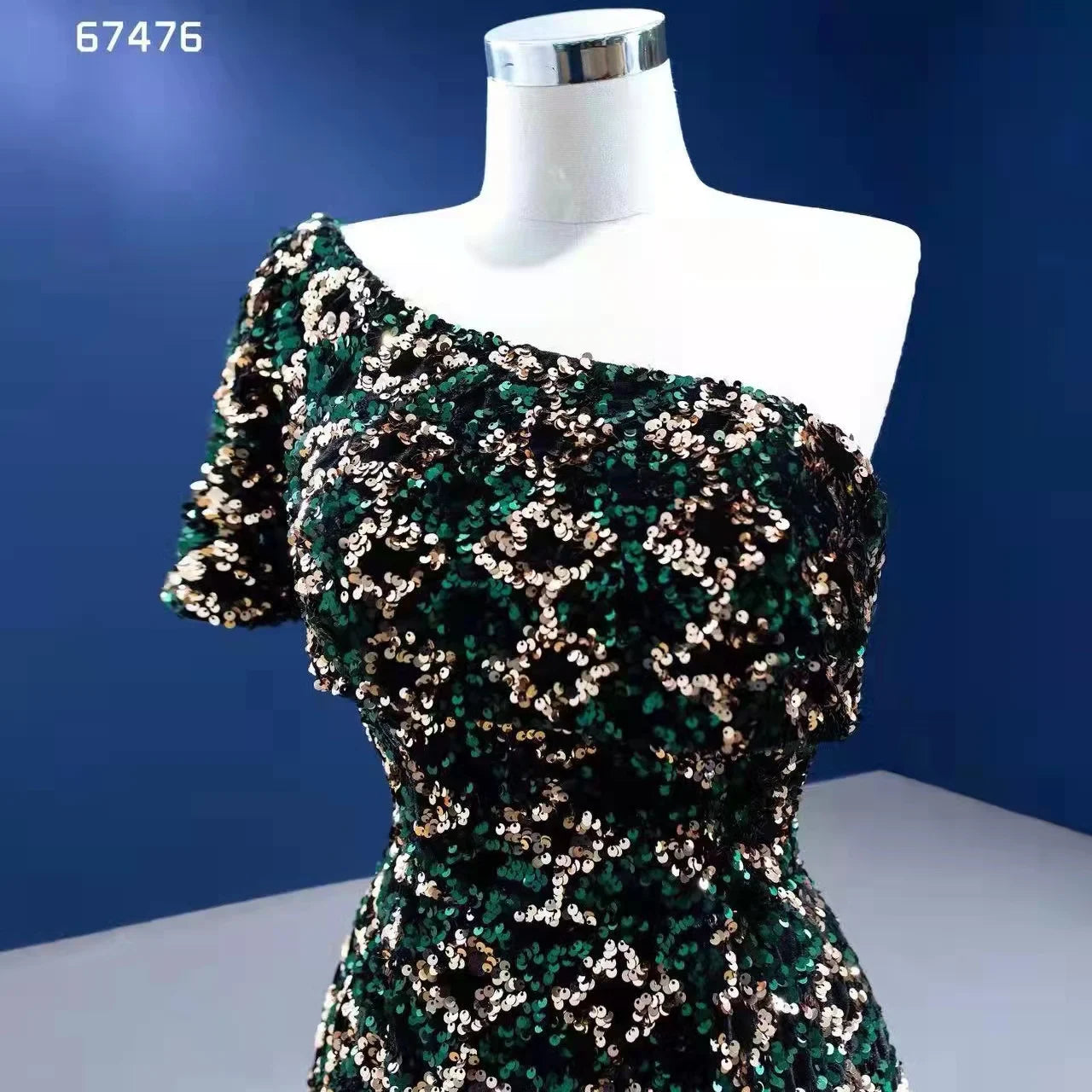 Green Sequin Mermaid Prom Dress One Shoulder Sleeve Evening Dress 67476