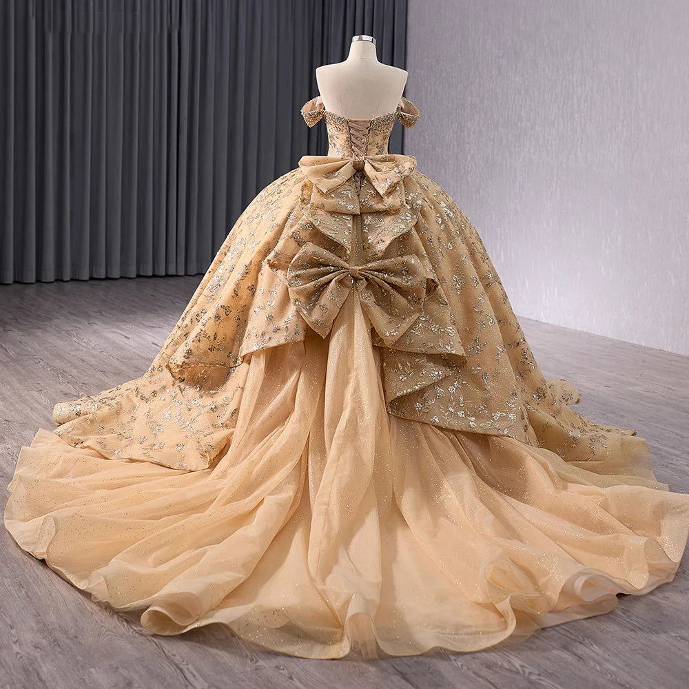 Off Shoulder Golden Bow Puffy Ball Gown Evening Dresses 241043
