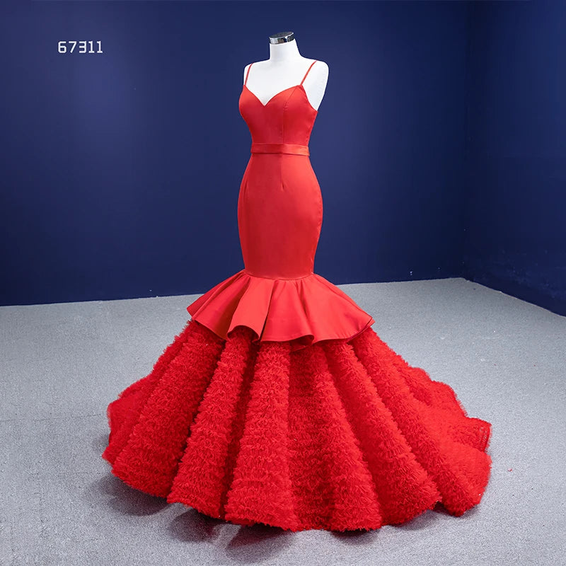 Spaghetti Strap Red Mermaid Wedding Dresses Trumpet Pageant Dress 67311