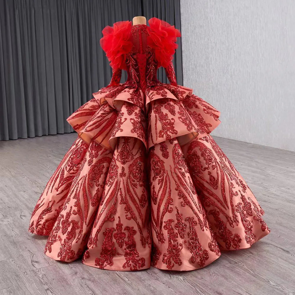 Luxury Red Muslim Sequins Ball Gown Evening Dresses