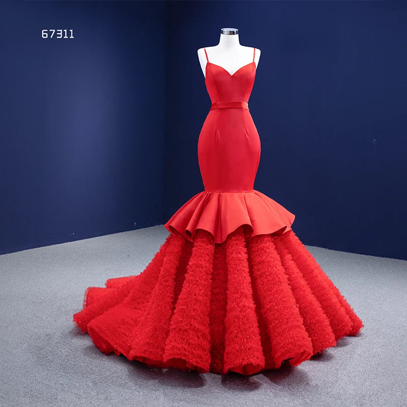 Spaghetti Strap Red Mermaid Wedding Dresses Trumpet Pageant Dress 67311