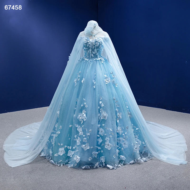 Baby Blue Flower Quince Dresses Princess Ball Gown with Cape 67458