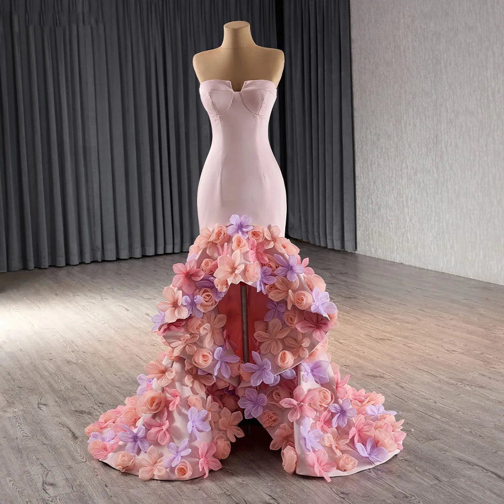 Chic Pink Handmade 3d Flower Mermaid Evening Party Gowns